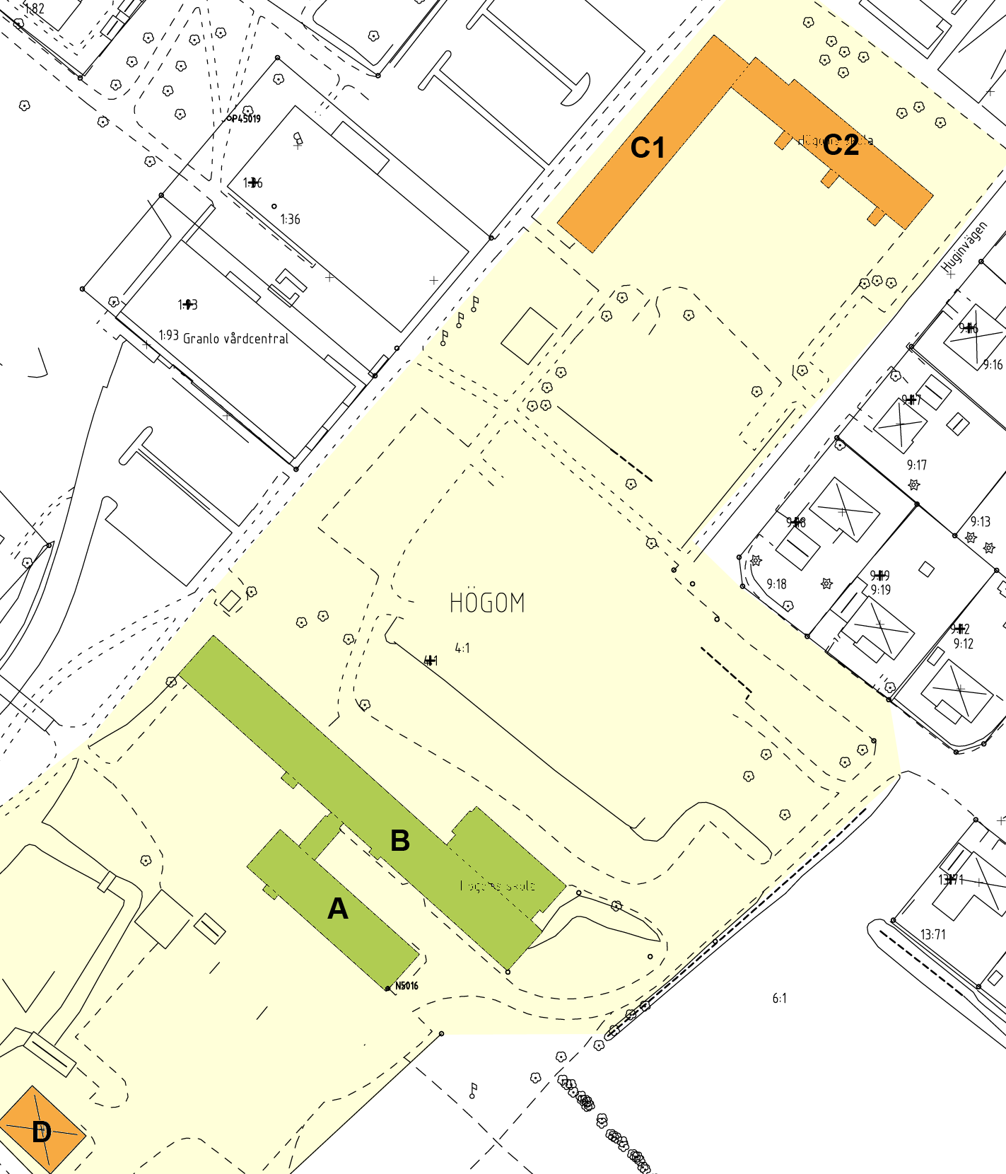 Högoms skola/ förskolor i Granlo Högoms skola blir fortsatt en fortsatt F-6-skola. Byggnad C1 och C2 rivs.