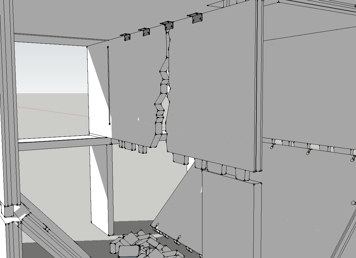 Figur 7.17 Innerväggen spricker upp och bildar två flaggkonstruktioner. Som i fallet för gavelelementet, se kapitel 7.2.