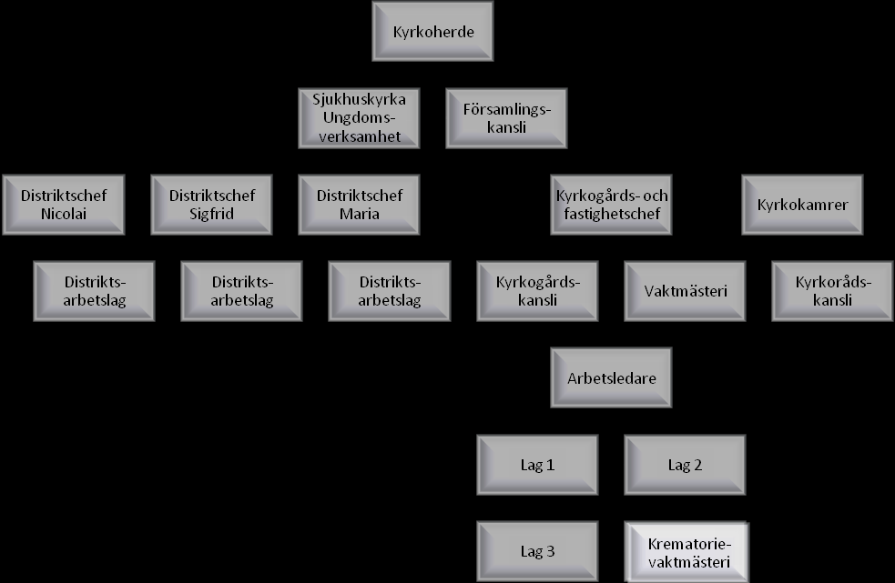 Tjänsteorganisation Personal Kyrkoherden är chef över all personal med cheferna i de tre distrikten samt kyrkogårdsoch fastighetschefen och kyrkokamreren som direkt underställda.
