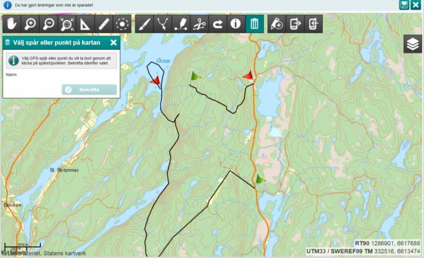 Figur 19. Den valda delen är borttagen. Glöm inte att spara. 6.3 Vända på spår Om man först bakspårat och sedan framspårat kommer spårningen bestå av två delar med olika riktning.