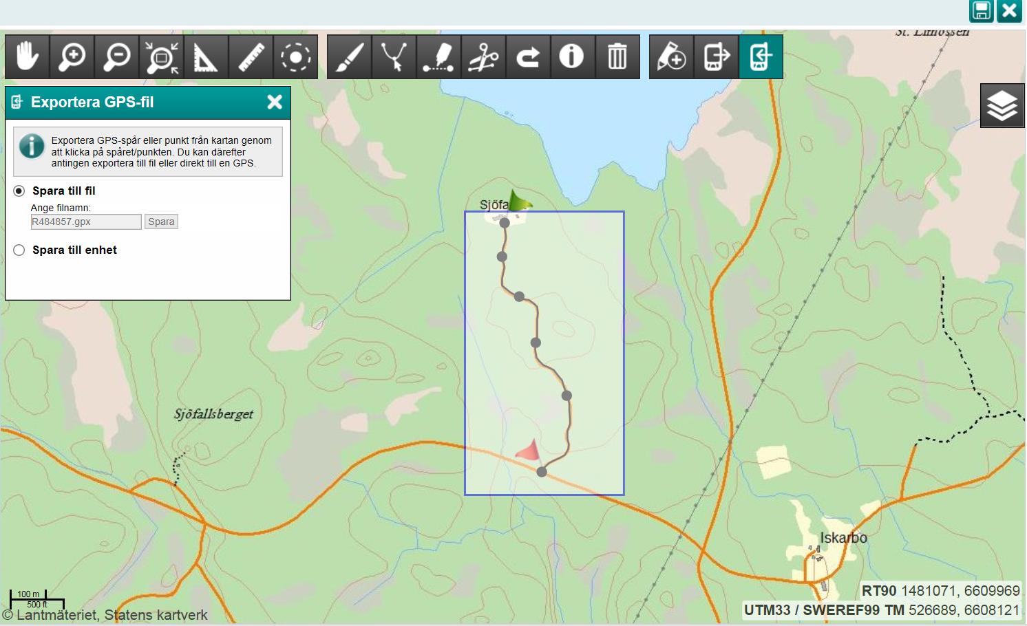 Figur 28. Klicka på symbolen Exportera data till GPS och välj Spara till fil. Figur 29.