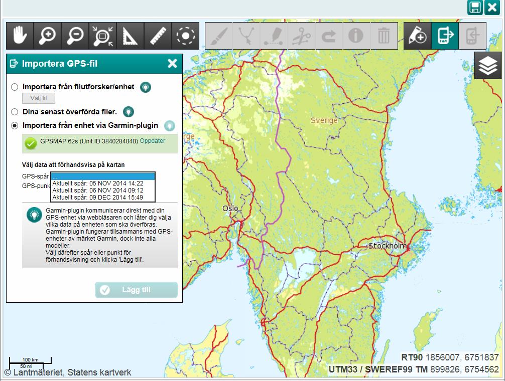 För att läsa in data från GPS-enheten, gör så här: 1. Klicka på knappen Läs från enhet.