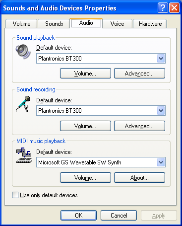 Datorljudinställningar för Windows XP (öppna fönstret genom att klicka på Start > Kontrollpanelen > Ljud och ljudenheter) Standardinställning: Alla datorljud och allt ljud spelas upp i headsetet.