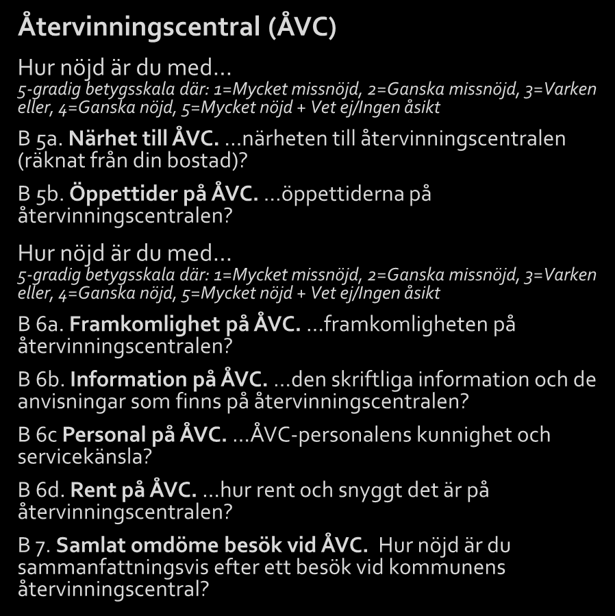 Samtliga frågor 1(4) Förklaring till koder för frågetyper: B = betyg, AE = alternativ enval, YN = Ja eller nej, F = fritext Förpacknings- och tidningsåtervinning B 1.