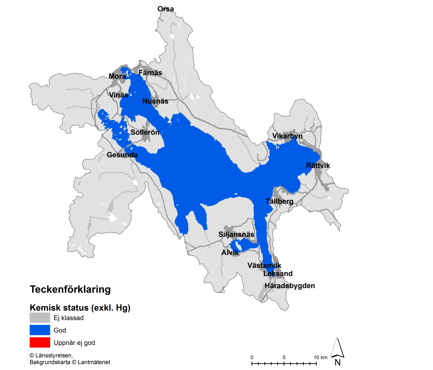 Figur 3. Sjöars och vattendrags kemiska status (exklusive kvicksilver) inom Siljans näravrinningsområde. Vita partier i kartan representerar vatten som inte inkluderats i statusklassningen.