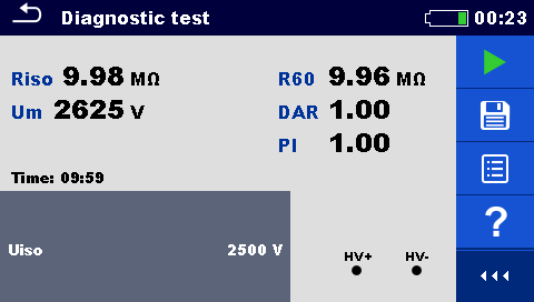 Metrel MI3152 side 82 Figur 7.12: Anslutning med 2.5 kv testledningar (U N = 2.5 kv) Mätprocedur Gå in i Diagnostiktest -funktionen. Ställ in testparametrar / gränser.