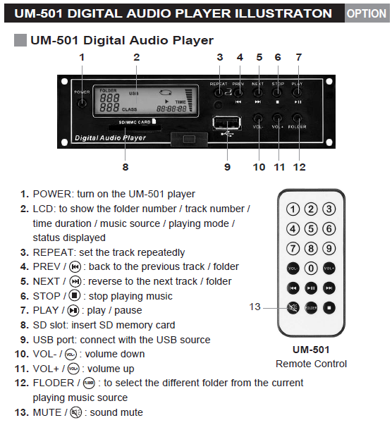 Översikt MP3-spelare (tillvalsmodul) OKAYO Högtalare GPA-500W UM-500 Digital MP3-spelarmodul 1. Slå först på högtalaren och aktivera därefter MP3-spelarmodulen genom att trycka in strömbrytaren (1).