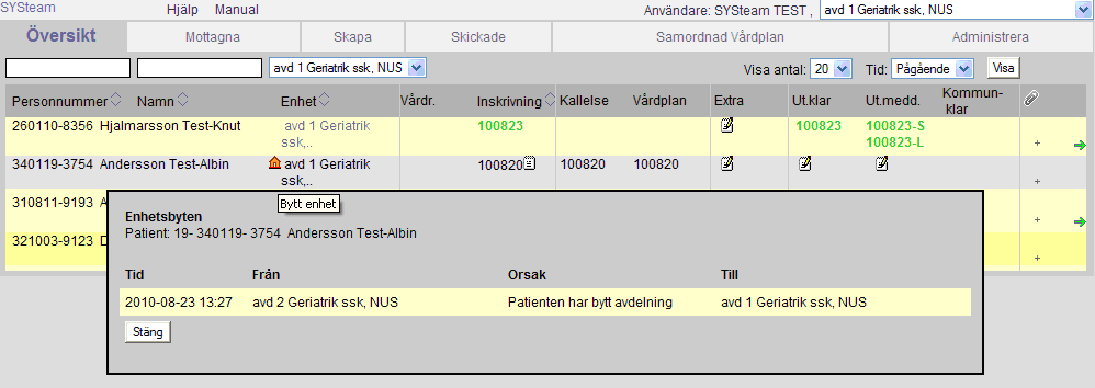 2015-02-27 När en vårdperiod har byt avdelning/enhet visas det i Översikten genom ett litet hus.