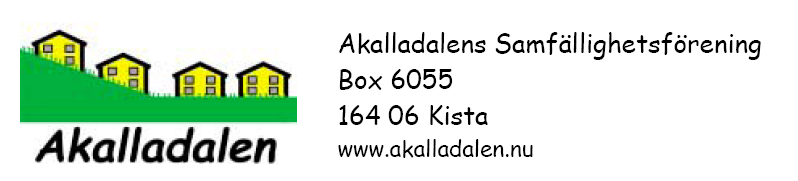 Sid 1/15 2012-03-01 Kallelse till ordinarie stämma 2012 Samtliga medlemmar i Akalladalens Samfällighetsförening kallas härmed till ordinarie stämma 2012. OBS tid och plats!