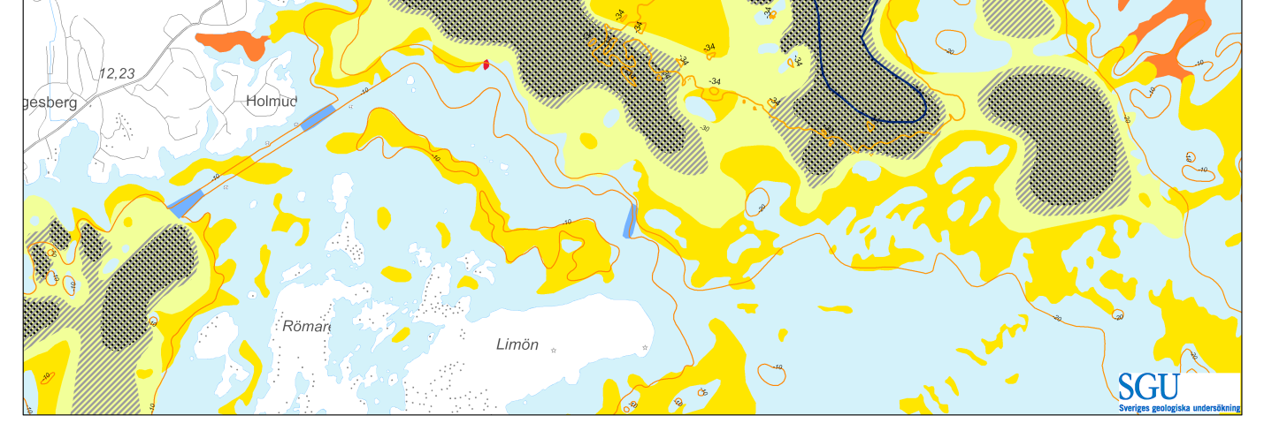 4(8) Figur 1. Den maringeologiska kartan i skala 1: 100 000 med det av SGU föreslagna tippområdet och position där sedimentkärnan 13H-0062 togs upp samt den av Sjöfartsverket framtagna 34-meterskuvan.