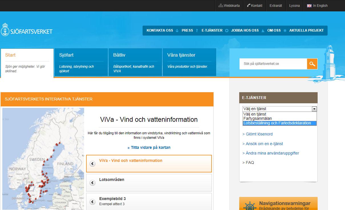 Via Sjöfartsverkets hemsida når man e- tjänsterna för