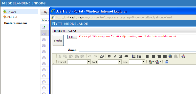 2.4 Meddelande I Luvit finns även funktionen att skicka meddelande till andra registrerade användare. Du kan alltså inte skicka meddelande till någon som inte har ett användarkonto i Luvit.