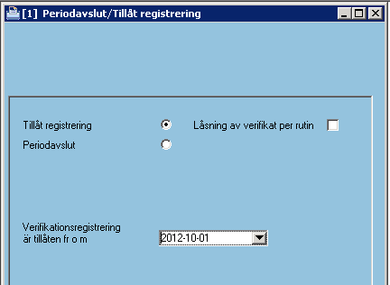 Tillåt registrering Periodavslut innebär att verifikationerna blir låsta och därmed omöjliga att ändra. Däremot går det bra att lägga in nya verifikationer på samma period.