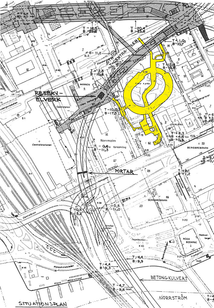 Det perforerade Stockholm, perspektiv och riting över garage och skyddsrum vid nedre Norrmalm.