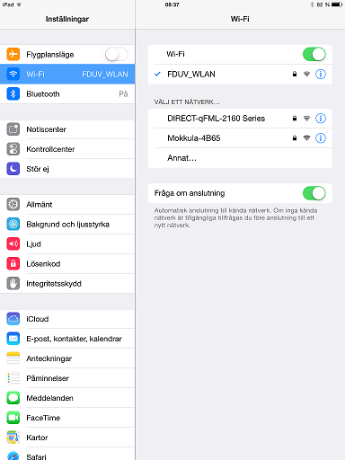 Wi-Fi Så här väljer du Wi-Fi nätverk: Tryck på inställningar. Tryck en gång på Wi-Fi. Här står namnet på det nätverk du är ansluten till. Här syns alla nätverk som du kan ansluta din ipad till.