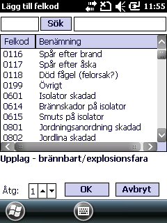 Fel- och materielkoder På objekten kan man ange fel- och/eller materielkoder. Dessa knyts då till objekten (inte till protokollen).