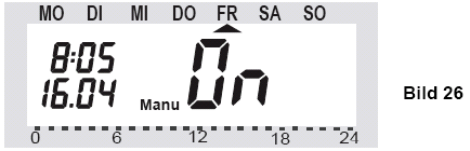 Inställning av semester/ partyfunktion. Efter att ha valt denna driftsmod, koffertsymbol i displayen, med FUNKTION knappen, ställer man in den önskade tidsperioden.