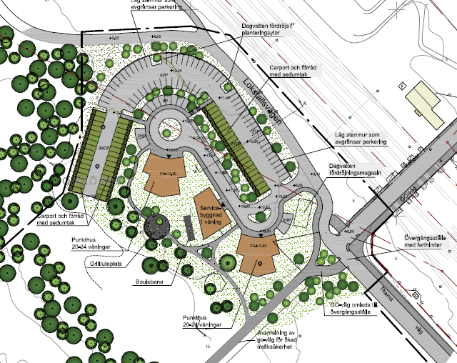 5.2 Planförslag Planförslaget omfattar bostadsbebyggelse i form av två höga punkthus. Se figur nedan. Det medger också en servicebyggnad i en våning.