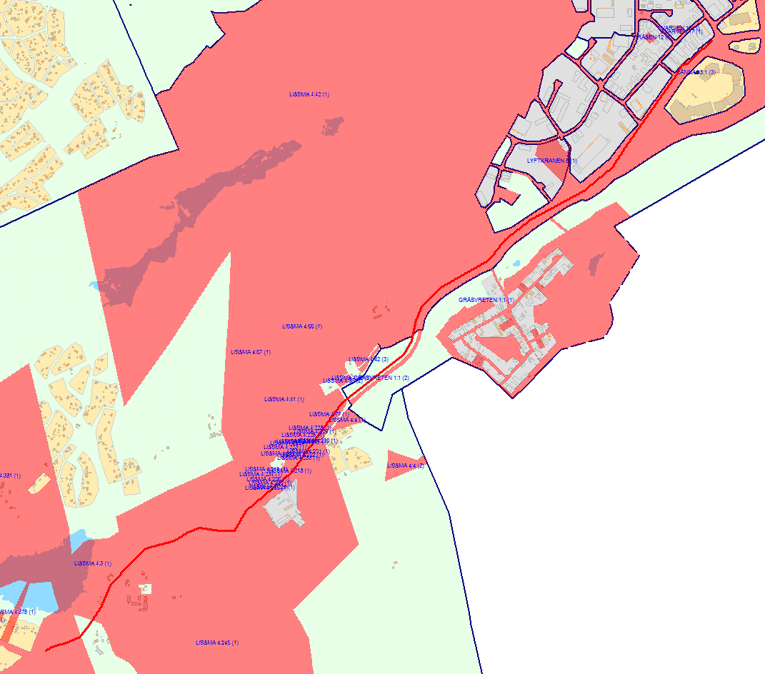 Bilden visar markägarförhållanden. Röda ytor är Huddinge kommuns.