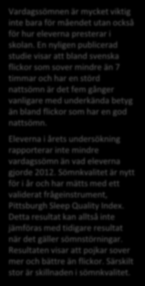 Siffror för länet 2014 Vardagssömn Sover för lite (< 7 h) Låg sömnkvalitet läsår 7 11% 24% läsår 9 22% 34% läsår 2 gymn 31% 43% läsår 7 13% 33% läsår 9 26% 49% läsår 2 gymn 3 58% 2 4 6 8 10 Sover för