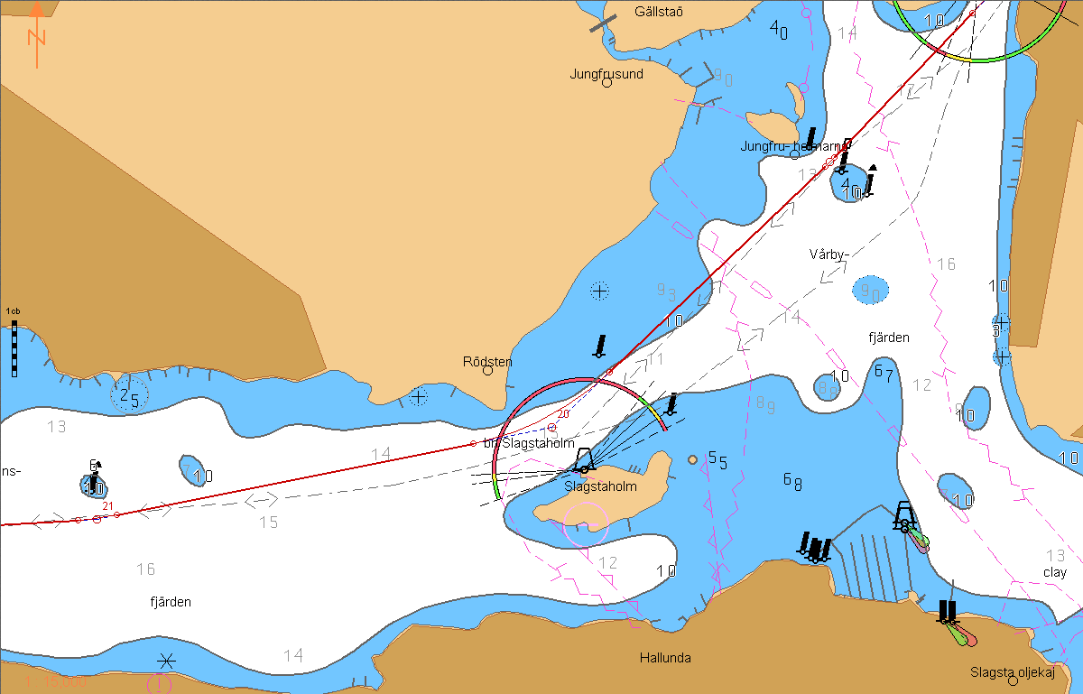 0,25 224 Mellan Slagstaholm och Rödsten. Mellan gröna och röda prickparet vid Jungfruholmarna (Ra 0,03; 0,09; 0,17). Fm Rödsten (Ra 0,10): Norsborgs fyr synlig fraom Rödsten.