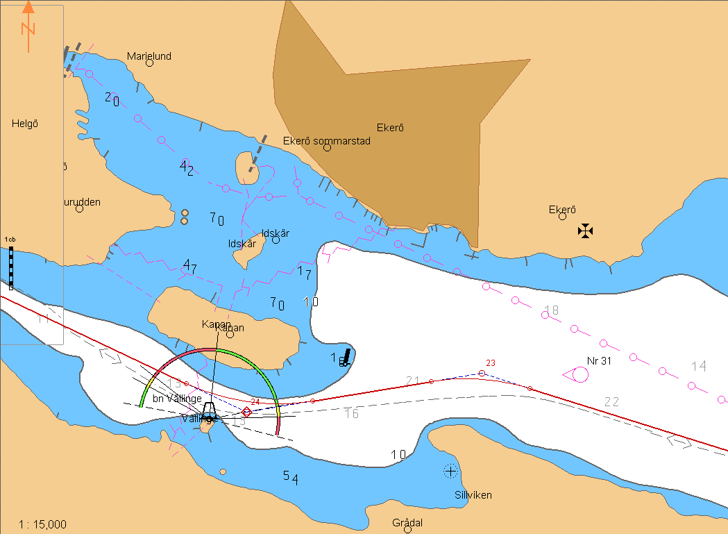 287 Mellan Idskär och Kanan. Gm Vällinge fyr(q) blir synlig vit. 260 På Vällinge fyr, vit. Gm Tv.