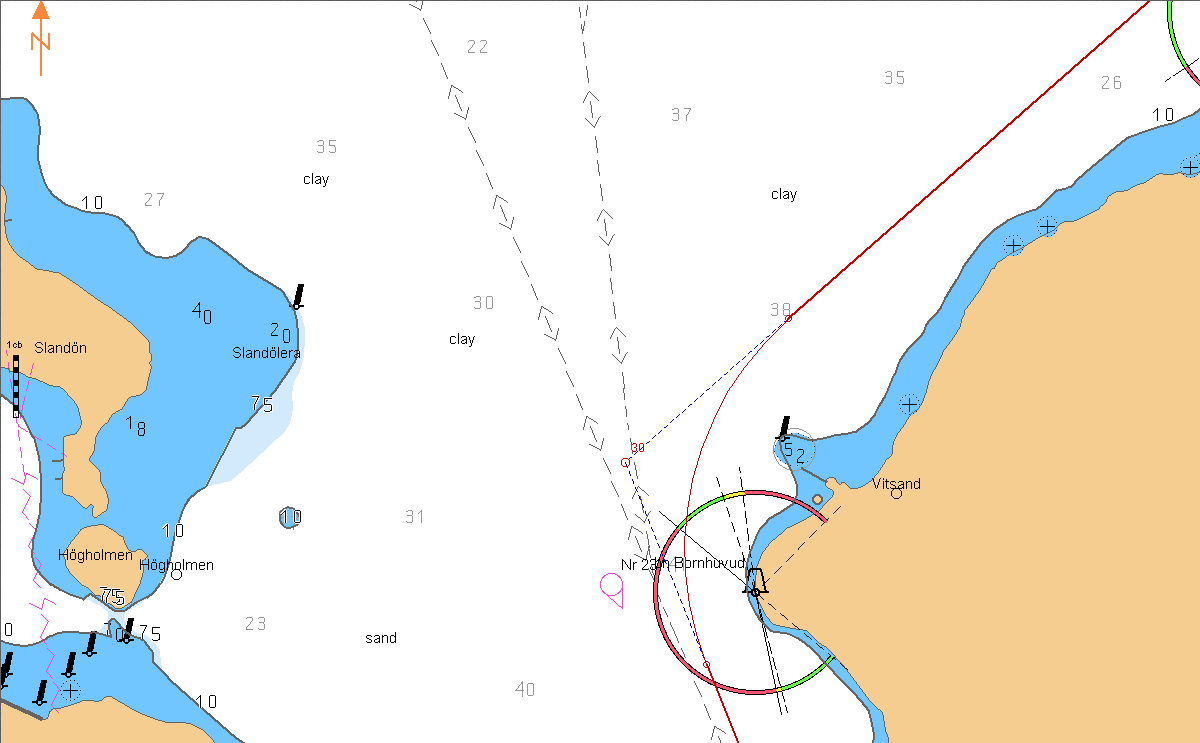 Bornhuvud (Fl 4, 12s) 230 Mellan Bornhuvud och Underås, a=0,20 till land.