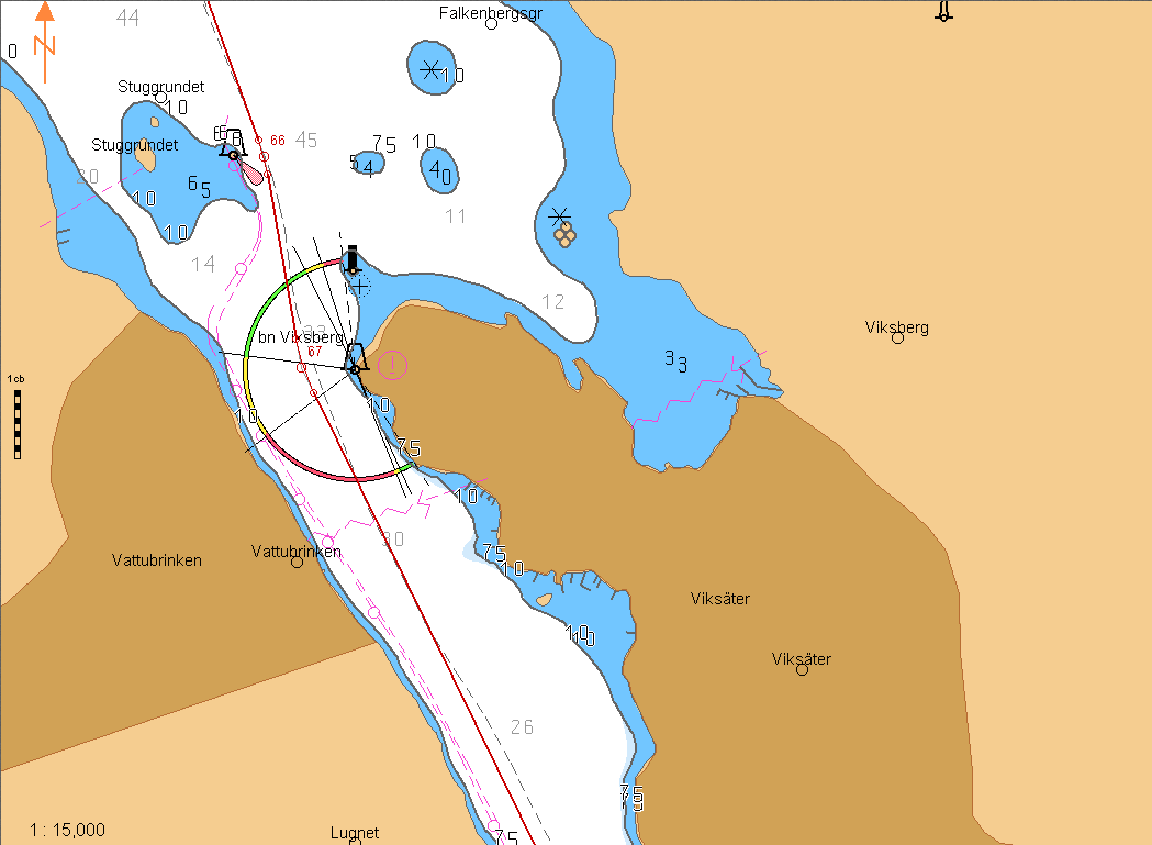 Störviksholme (FL, 3s) 8 kn 160 På Viksberg fyr(fl 2, 6s), vit. Gm Tvärs pumpstationen, a=0,25 till Viksbergs kummell. 170 Viksberg om bb.