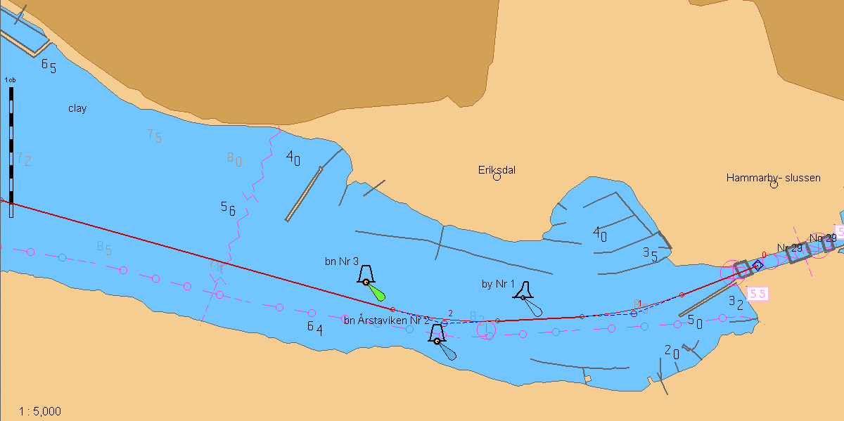 Max dj.g.5,6 (30,9) [17,4] 250 Kurs ut ur slussen. Passera grön boj och fyren(fl 2) om Sb. Gm När ledverket är kklart.