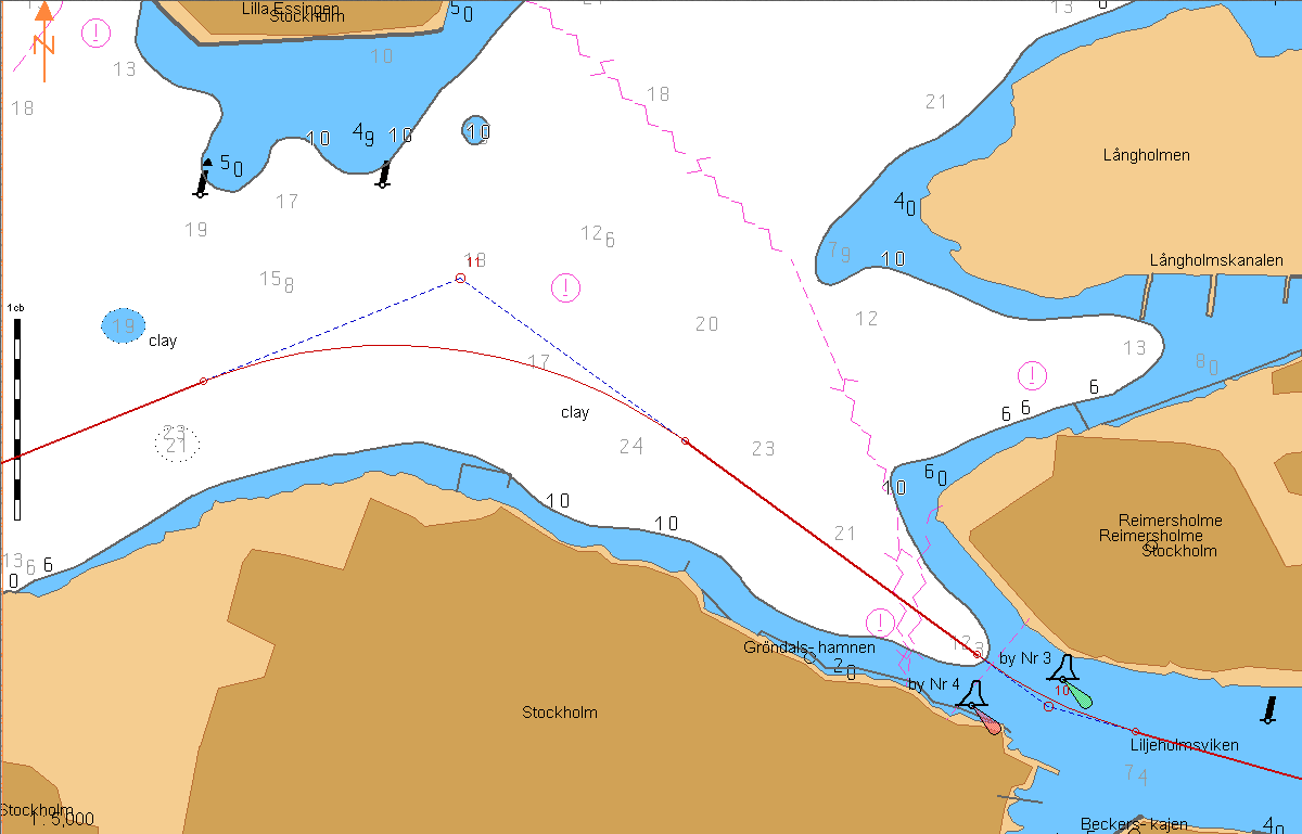 286 På Gröndals röda boj#4(fl). Passera en grön prick om Sb. Gm Just innan bojparet. 306 På La.Essingens W kant. Ta ut giren det är djupt på fjärden.