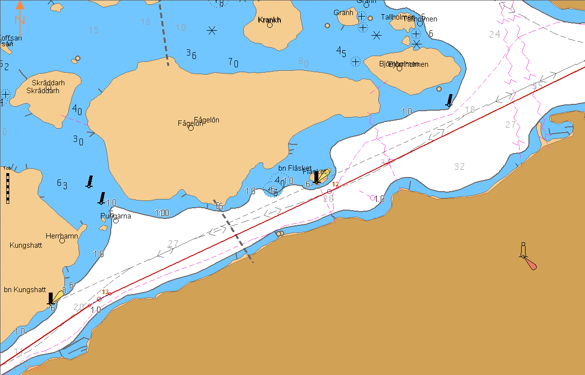 (Q) Kungs- Hatt (ISO) 4s 245 Mitt emellan Fläsket och land. 245 Mitt emellan Kungshatt fyr(iso) och land.