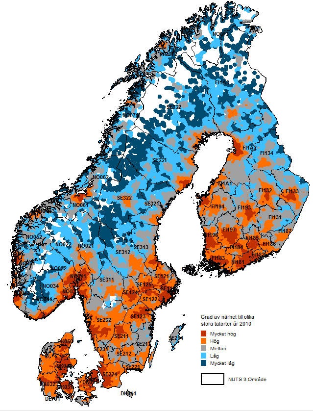 Likväl som i landsinramningen i figur 12 kan resultatet ramas in med någon annan administrativ indelning för att synliggöra inomregionala skillnader och likheter beträffande grad av tillgänglighet.