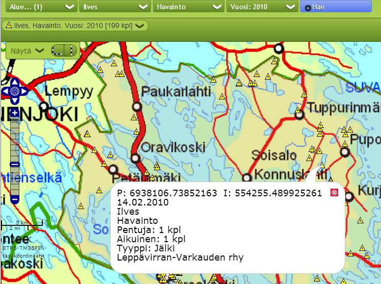 Exempel på sökning av observationer Region: Viltcentral: Norra Savolax, JVF: Leppävirta-Varkaus jvf Djur: Lodjur, Händelsetyp: observation Tid: 1.1.2010 1.12.