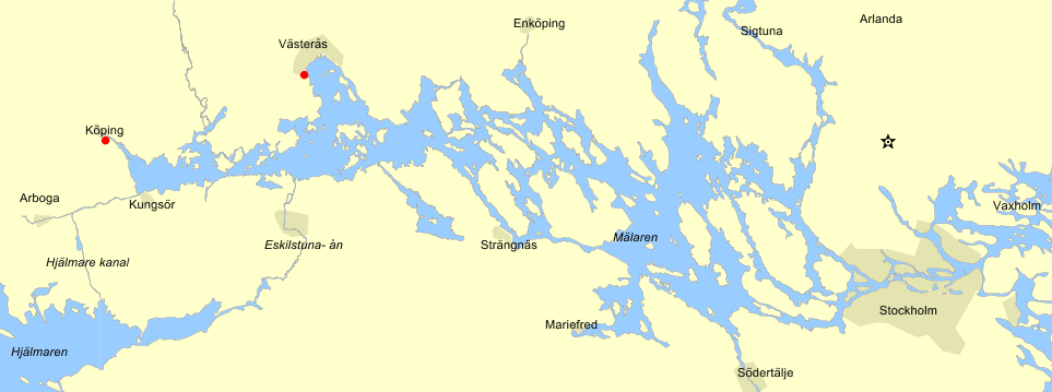 Figur 8. Karta över Mälaren med Västerås och Köpings hamn markerade med röda prickar (Eniro.se).