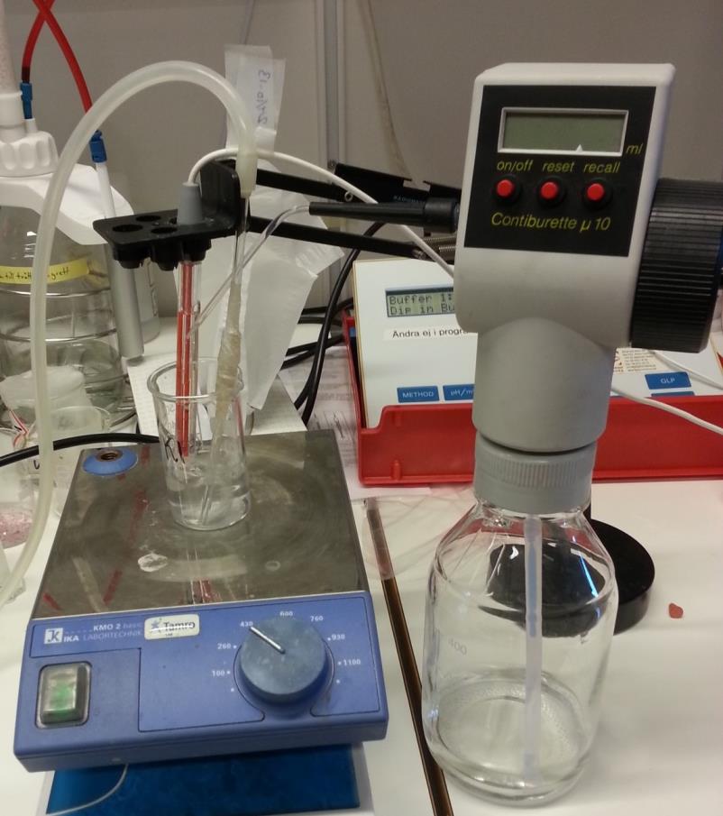 Alkalinitetstitrering och ph mätning Cirka 20-30 ml prov mättes upp för alkalinitetstitrering, innan titreringen påbörjades mättes provets ph med ph-meter.