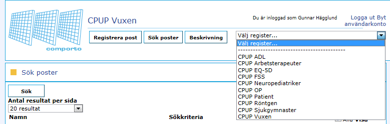 Rapportering av EQ-5D eller FSS 1. Markera det formulär du vill rapportera i rullisten. Fyll i personnummer (ÅÅÅÅMMDD- XXXX) och tryck på sök. En ny ruta kommer att öppnas med personens namn.