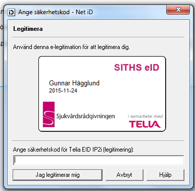 5. Tryck på Logga in alternativt "Logga in med Smart card". Om du loggar in med Smart Card kommer följande bild upp. Fyll i din säkerhetskod och tryck därefter på knappen "Jag legitimerar mig". 6.