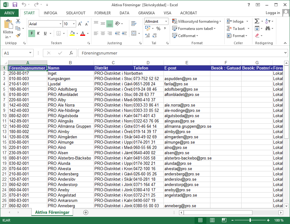 120 6 Rapporter och Utskrifter Arbetsboken får samma namn som den aktuella vyn och öppnas i Excel. Du kan nu hantera informationen på valfritt sätt. Viktigt!