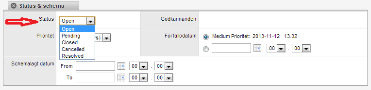 F: Hur flyttar jag ett ärende till en annan kategori (köbyte)? S: Gå in i ärendet, välj den kö du önskar under Kategori, klicka sedan på Spara. F: Hur byter jag status på ett ärende?