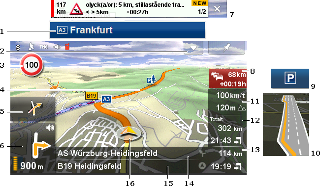 8.4 Karta i Navigation Hur du tar dig fram till ditt resmål, beror på olika faktorer (vald resvägsprofi, aktuell position, typ av resvägsplanering osv.).