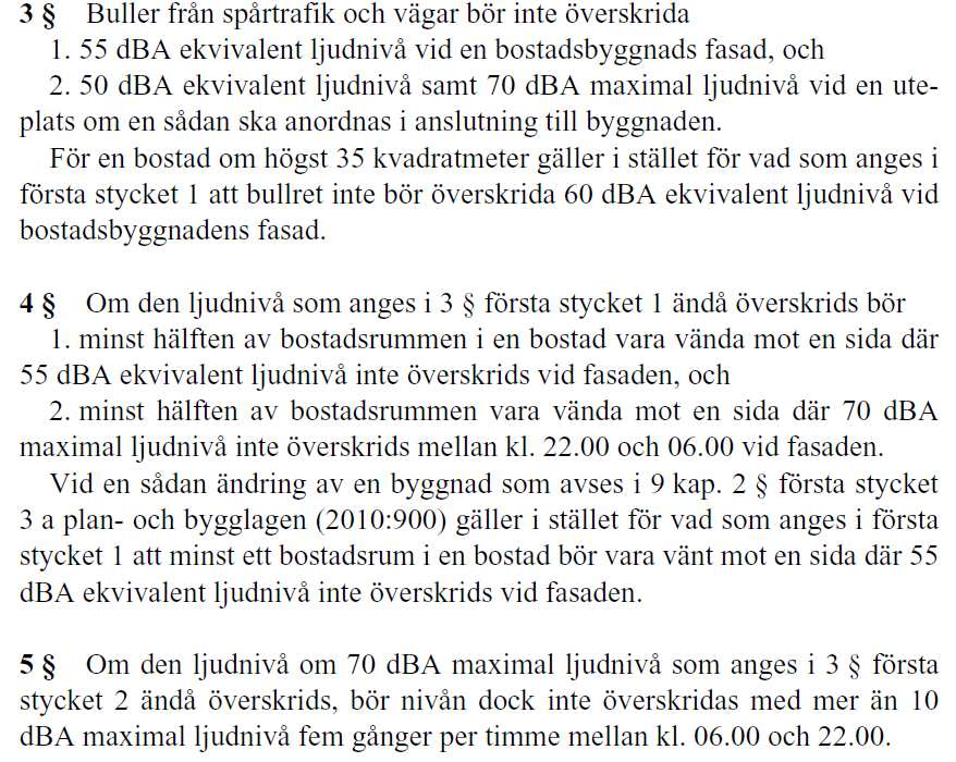 3 Riktvärden För nya bostäder gäller riktvärden enligt förordningen om trafikbuller vid bostadsbyggnader (SFS 2015:216). Nedan redovisas ett utdrag.