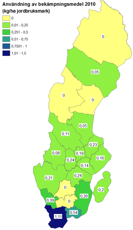 Resultat Användning av bekämpningsmedel i Skåne Skåne är Sveriges mest jordbruksintensiva län oavsett om man utgår från andel jordbruksmark av länets totala yta (figur 4 a), mängden använda