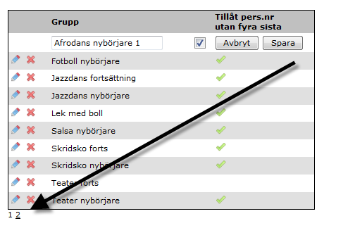 8. Listan över grupper visas i bokstavsordning och visar 10 grupper per sida. Klicka på siffrorna under listan för att visa fler grupper.