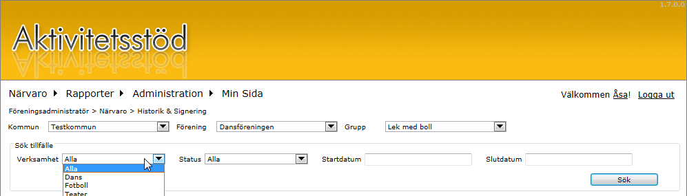 3.2.2 Signera ett tillfälle När en ledare har klarmarkerat sina tillfällen måste dessa signeras av föreningsadministratören som har en högre behörighet. 1. Välj menyvalet Närvaro Historik & Signering.