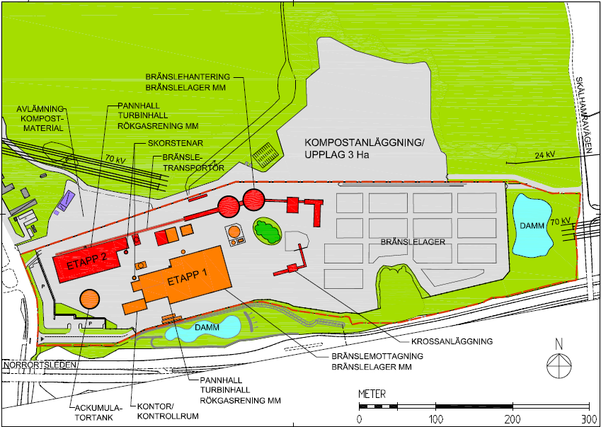 Figur 4. Exempel på möjlig anläggningsutformning för den planerade kraftvärmeanläggning i Hagby efter full utbyggnad (streckad röd linje markerar E.ONs verksamhetsområde, grått utgör hårdgjorda ytor).