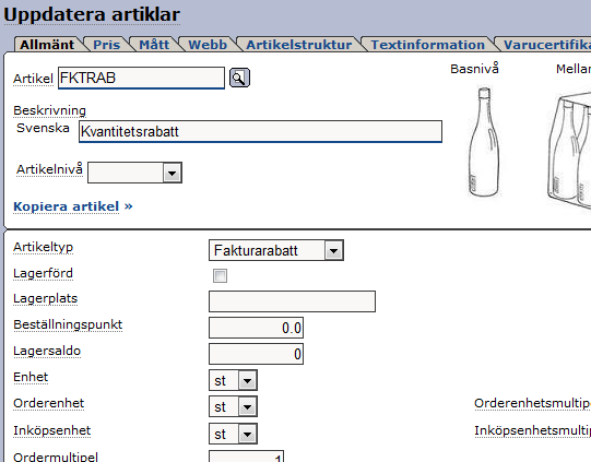 Skapa en artikel med Fakturarabatt i fältet Artikeltyp. Under menyvalet Artiklar, Pris, Uppdatera ramavtal skapar ni sedan ett ramavtal från vilket ni kan skicka prislistor.