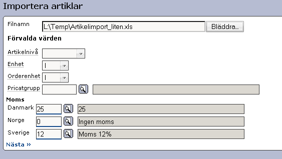 Url: Här anger ni er kompletta url. Pricatgrupp: Här lägger ni upp artikelns valda pricatgrupp. Den används sedan när ni skickar prislistan.