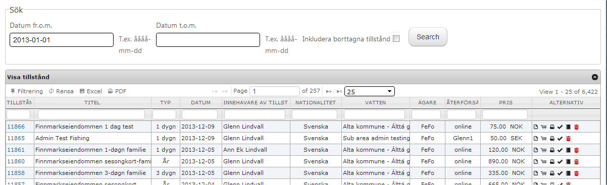 Fiskerapporter Fiskekort Rapporten visa alla fiskekort som har sålts och vem som har köpt dessa. Vill du begränsa antalet rader kan du sätta ett fr.o.m. och ett t.o.m. datum.