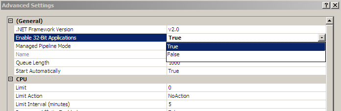 När installationen görs i ett 64-bits operativsystem måste man kontrollera att 32bits applikationer är tillåtna i den applikationspool som ska användas.