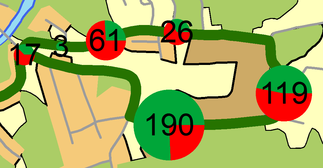 35 Trivector Traffic Figur 3-2 Påstigande respektive avstigande per hållplats hämtat från RUS07/08. Grön färg indikerar påstigande medan röd färg illustrerar avstigande.